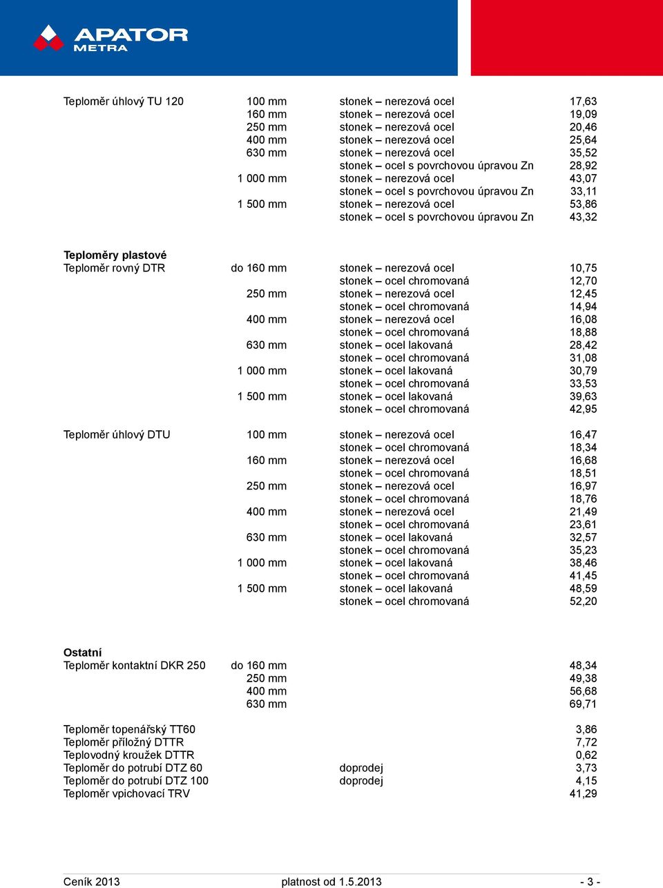 Teploměry plastové Teploměr rovný DTR do 160 mm stonek nerezová ocel 10,75 stonek ocel chromovaná 12,70 250 mm stonek nerezová ocel 12,45 stonek ocel chromovaná 14,94 400 mm stonek nerezová ocel