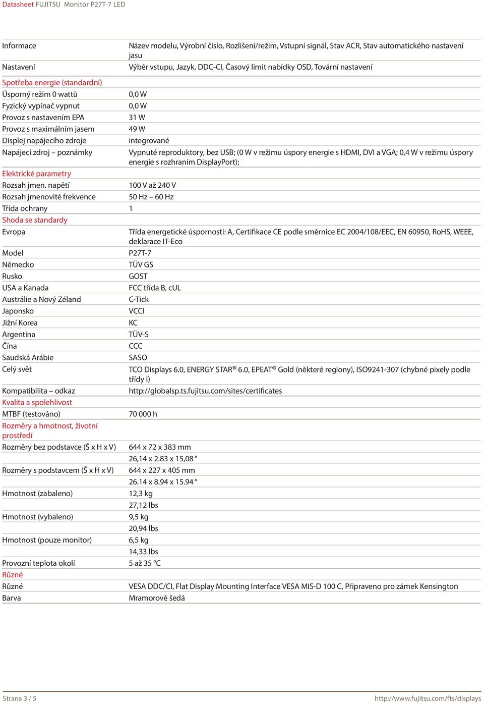 integrované Vypnuté reproduktory, bez USB; (0 W v režimu úspory energie s HDMI, DVI a VGA; 0,4 W v režimu úspory energie s rozhraním DisplayPort); Elektrické parametry Rozsah jmen.