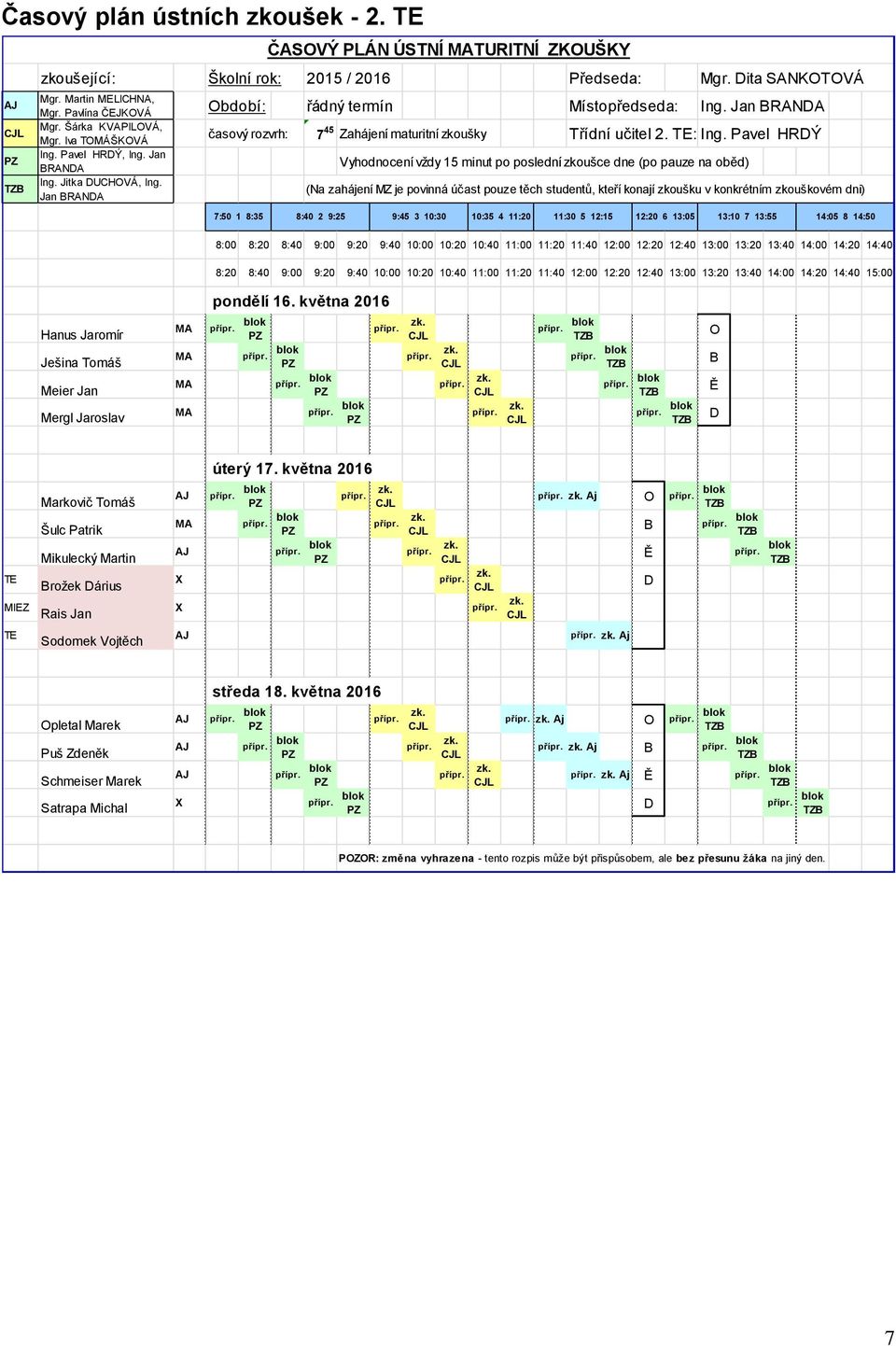 Jan BRANDA ČASOVÝ PLÁN ÚSTNÍ TURITNÍ ZKOUŠKY časový rozvrh: 7 45 Zahájení maturitní zkoušky Třídní učitel 2. TE: Ing.