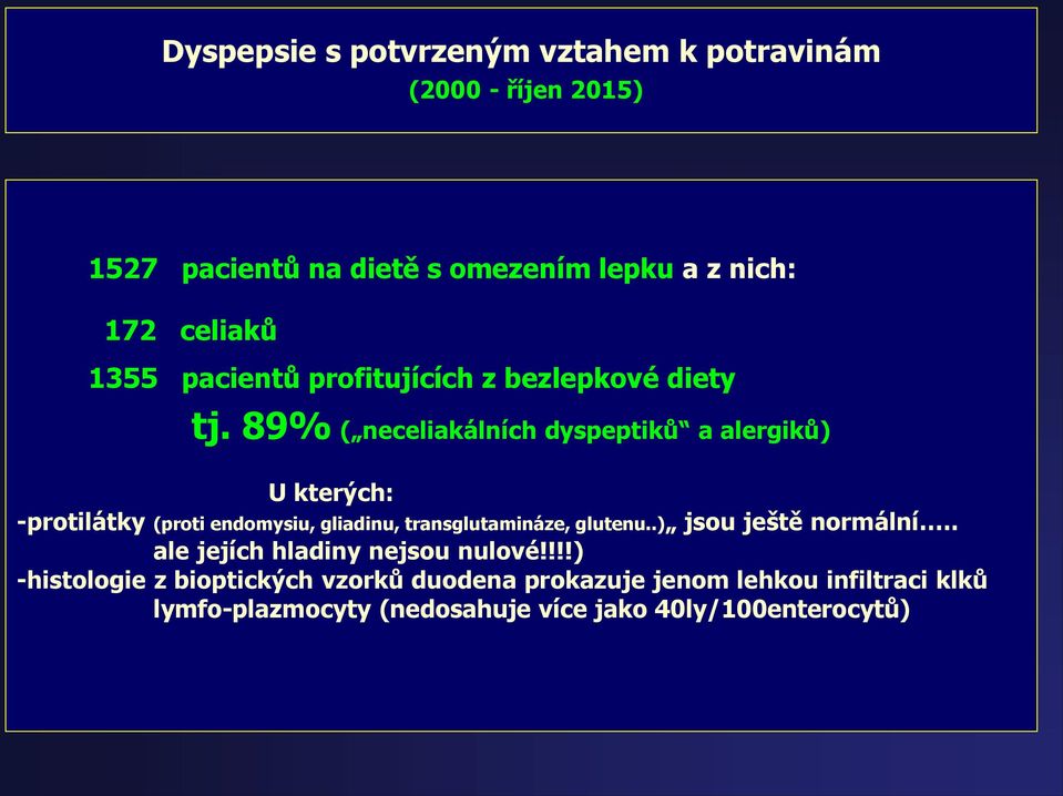 89% ( neceliakálních dyspeptiků a alergiků) U kterých: -protilátky (proti endomysiu, gliadinu, transglutamináze, glutenu.