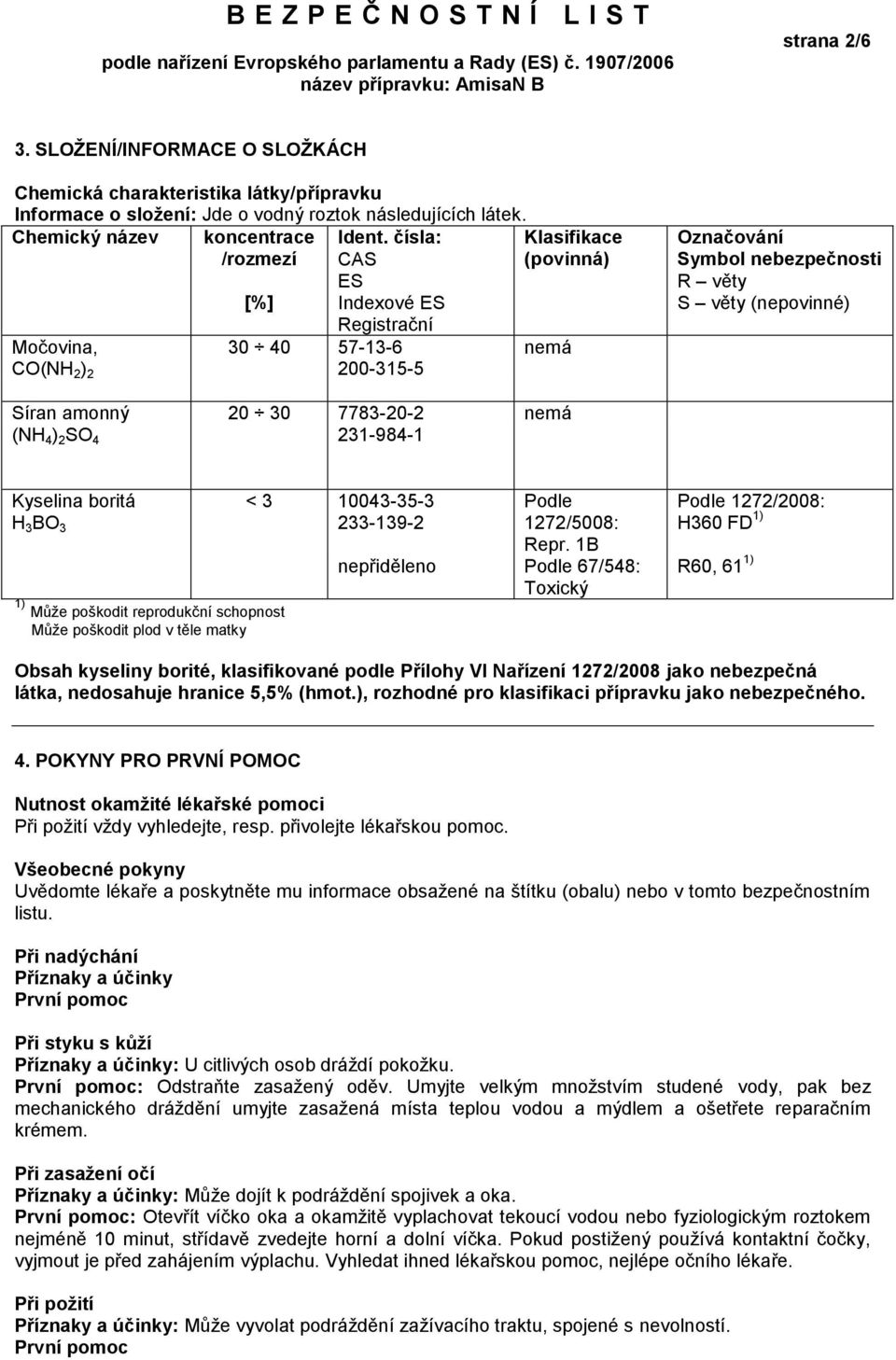 čísla: CAS ES Indexové ES Registrační 30 40 57-13-6 200-315-5 Klasifikace (povinná) nemá Označování Symbol nebezpečnosti R věty S věty (nepovinné) Síran amonný 20 30 7783-20-2 nemá (NH 4 ) 2 SO 4