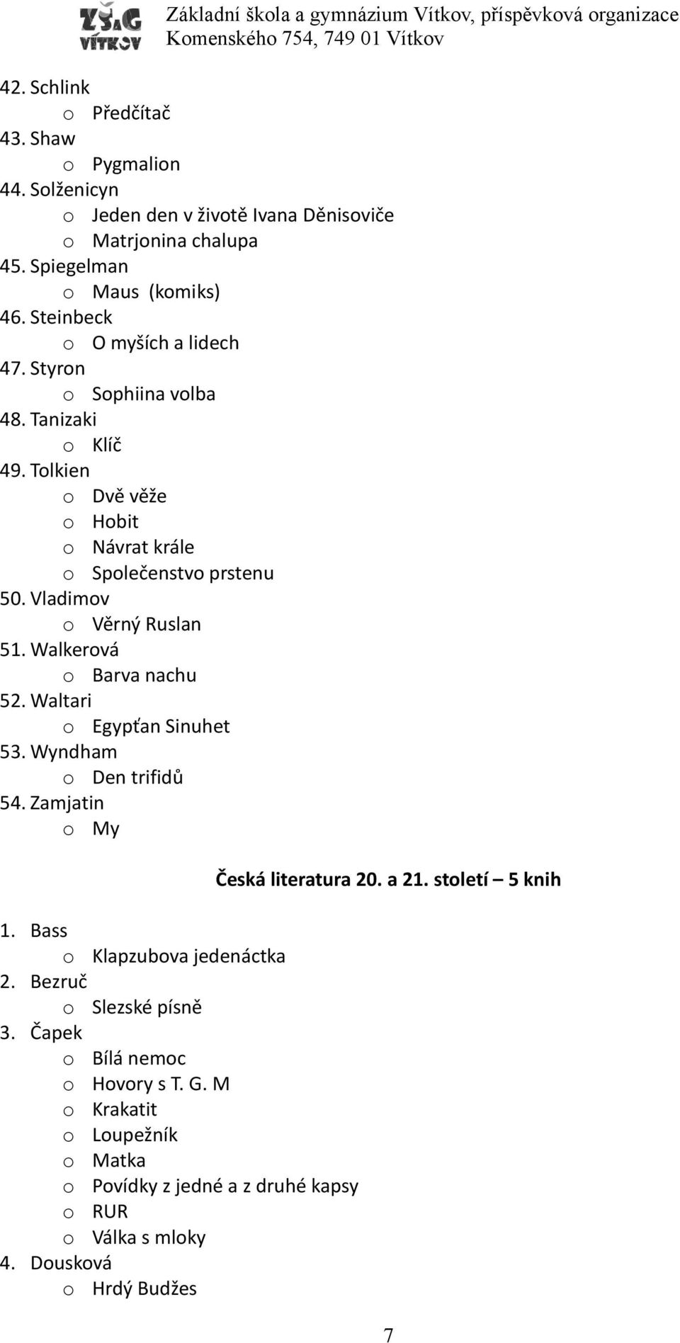 Vladimov o Věrný Ruslan 51. Walkerová o Barva nachu 52. Waltari o Egypťan Sinuhet 53. Wyndham o Den trifidů 54. Zamjatin o My 1. Bass o Klapzubova jedenáctka 2.