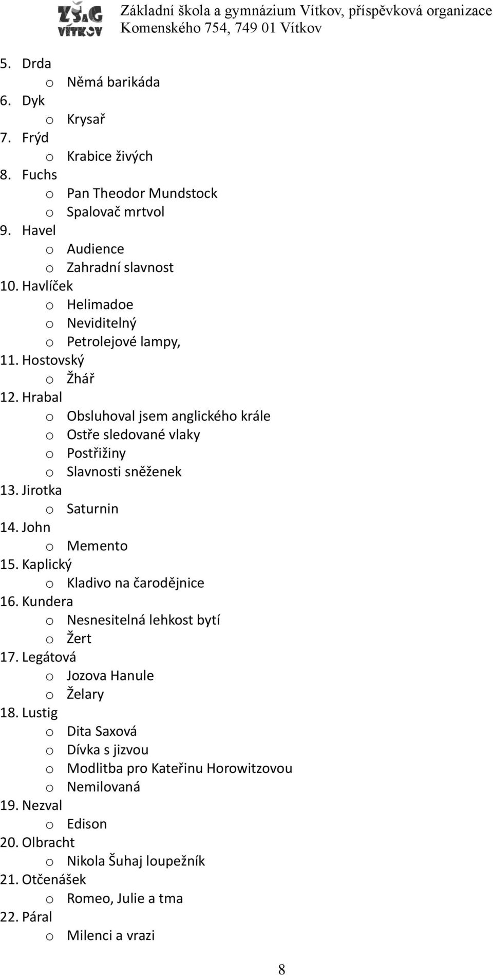 Hrabal o Obsluhoval jsem anglického krále o Ostře sledované vlaky o Postřižiny o Slavnosti sněženek 13. Jirotka o Saturnin 14. John o Memento 15.