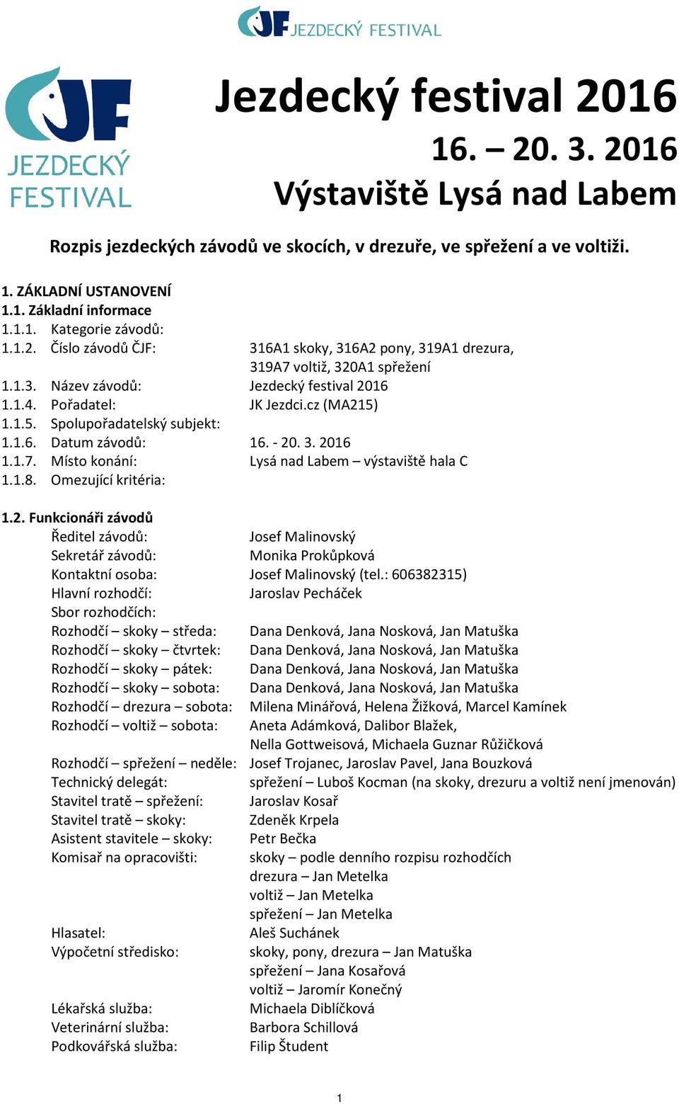 1.1.5. Spolupořadatelský subjekt: 1.1.6. Datum závodů: 16. - 20. 3. 2016 1.1.7. Místo konání: Lysá nad Labem výstaviště hala C 1.1.8. Omezující kritéria: 1.2. Funkcionáři závodů Ředitel závodů: Josef Malinovský Sekretář závodů: Monika Prokůpková Kontaktní osoba: Josef Malinovský (tel.