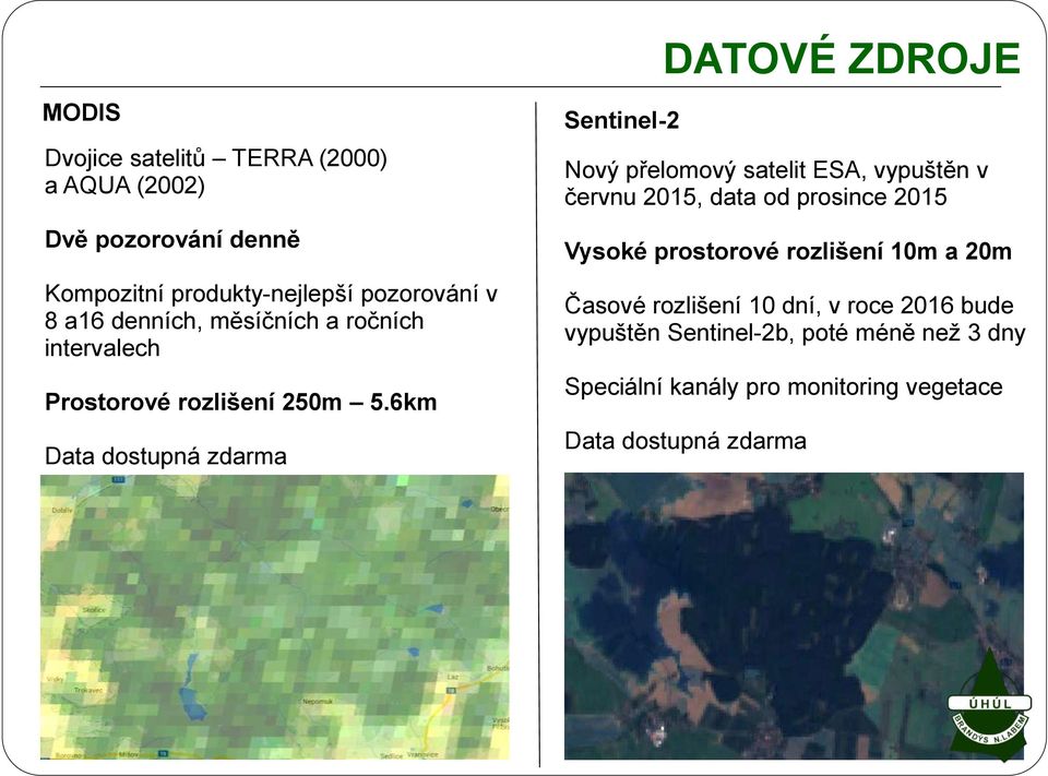 6km Data dostupná zdarma Sentinel-2 DATOVÉ ZDROJE Nový přelomový satelit ESA, vypuštěn v červnu 2015, data od prosince 2015