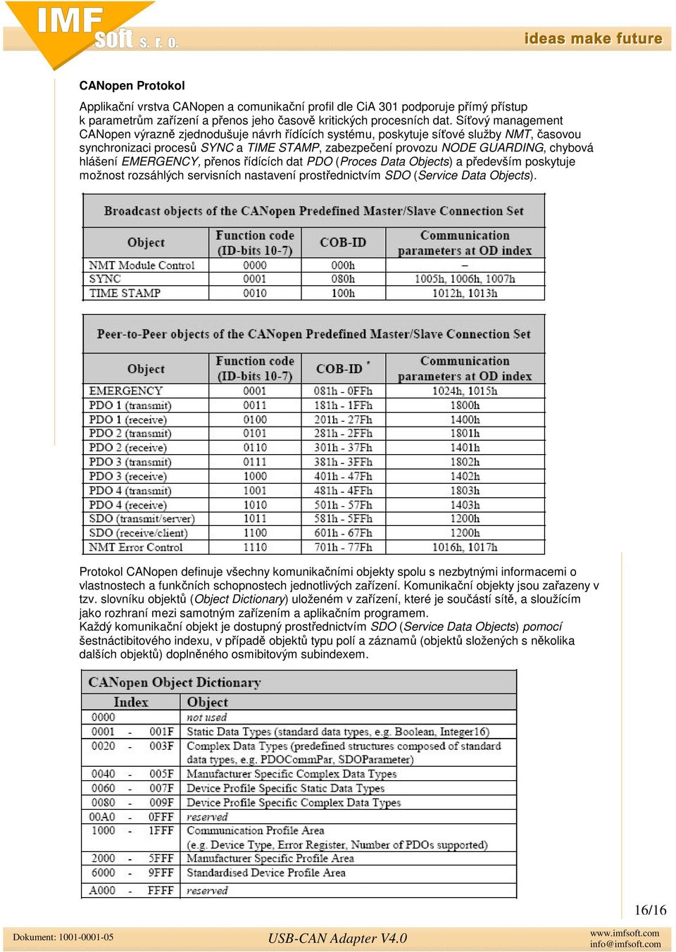 EMERGENCY, penos ídících dat PDO (Proces Data Objects) a pedevším poskytuje možnost rozsáhlých servisních nastavení prostednictvím SDO (Service Data Objects).