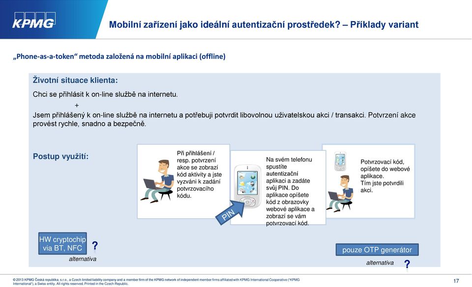 + Jsem přihlášený k on-line službě na internetu a potřebuji potvrdit libovolnou uživatelskou akci / transakci. Potvrzení akce provést rychle, snadno a bezpečně.