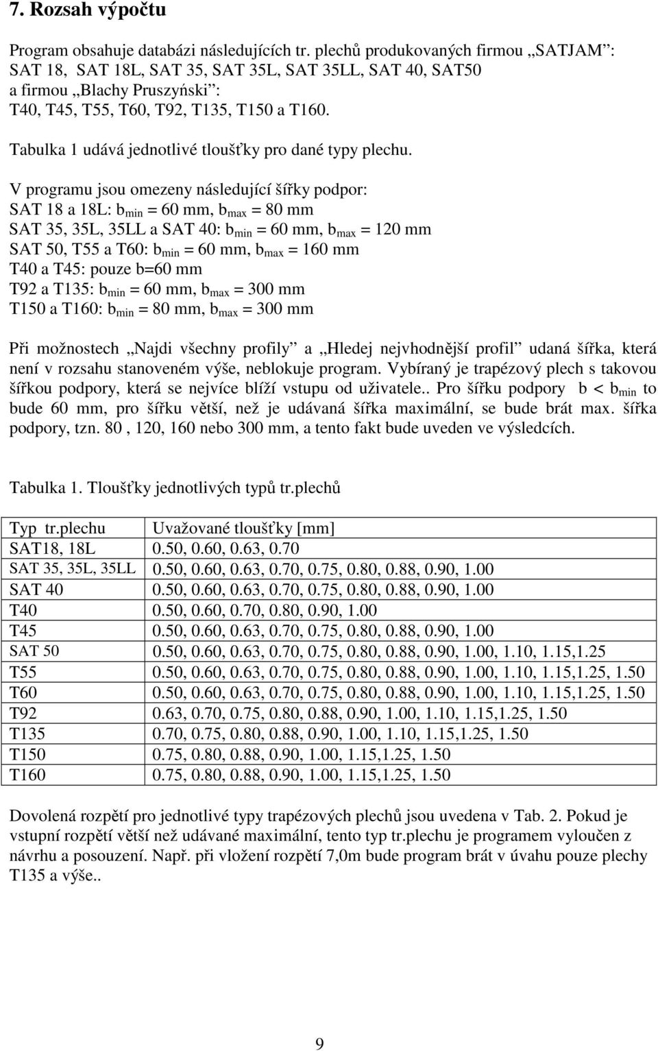 Tabulka 1 udává jednotlivé tloušťky pro dané typy plechu.