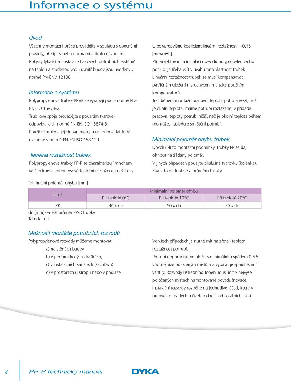 Informace o systému Polypropylenové trubky PP=R se vyrábějí podle normy PN- EN ISO 15874-2. Trubkové spoje provádějte s použitím tvarovek odpovídajících normě PN-EN ISO 15874-3.