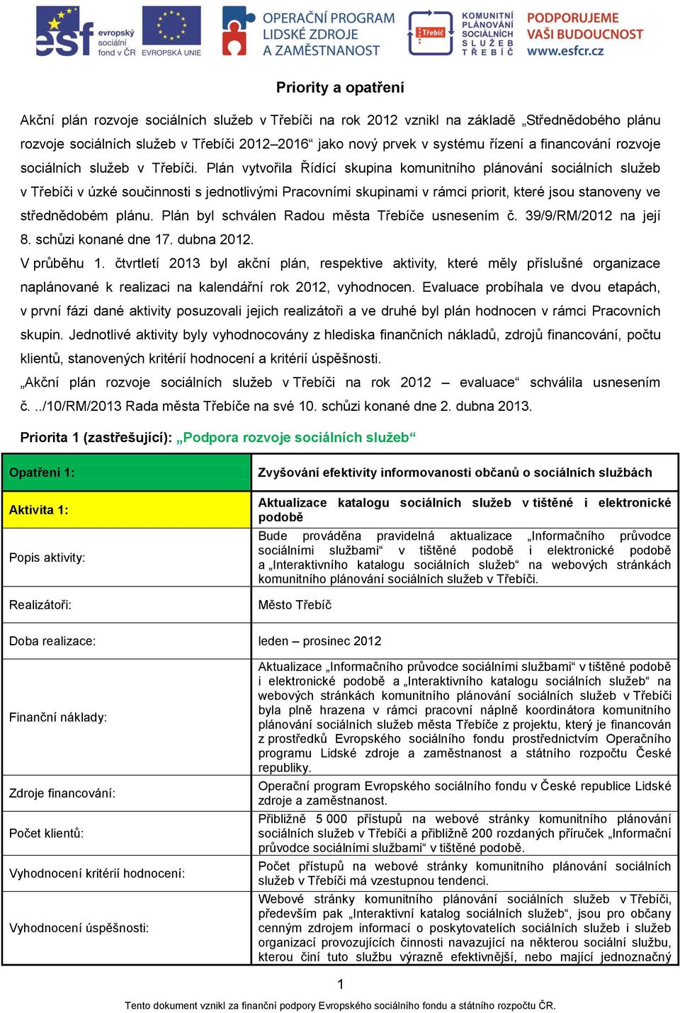 Plán vytvořila Řídící skupina komunitního plánování sociálních služeb v Třebíči v úzké součinnosti s jednotlivými Pracovními skupinami v rámci priorit, které jsou stanoveny ve střednědobém plánu.