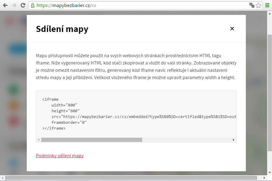 Vložená mapa se vývojářům nebo i správcům nabídne pomocí kliknutí vlevo dole na hlavní obrazovce Map bez bariér, jakmile si náhled připraví, např. pro výše uvedený obrázek je to takto: Obr.