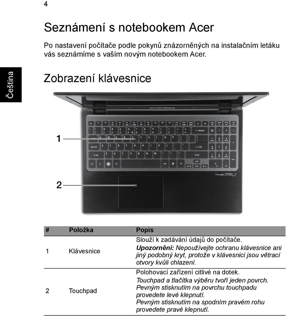 Upozornění: Nepoužívejte ochranu klávesnice ani jiný podobný kryt, protože v klávesnici jsou větrací otvory kvůli chlazení.