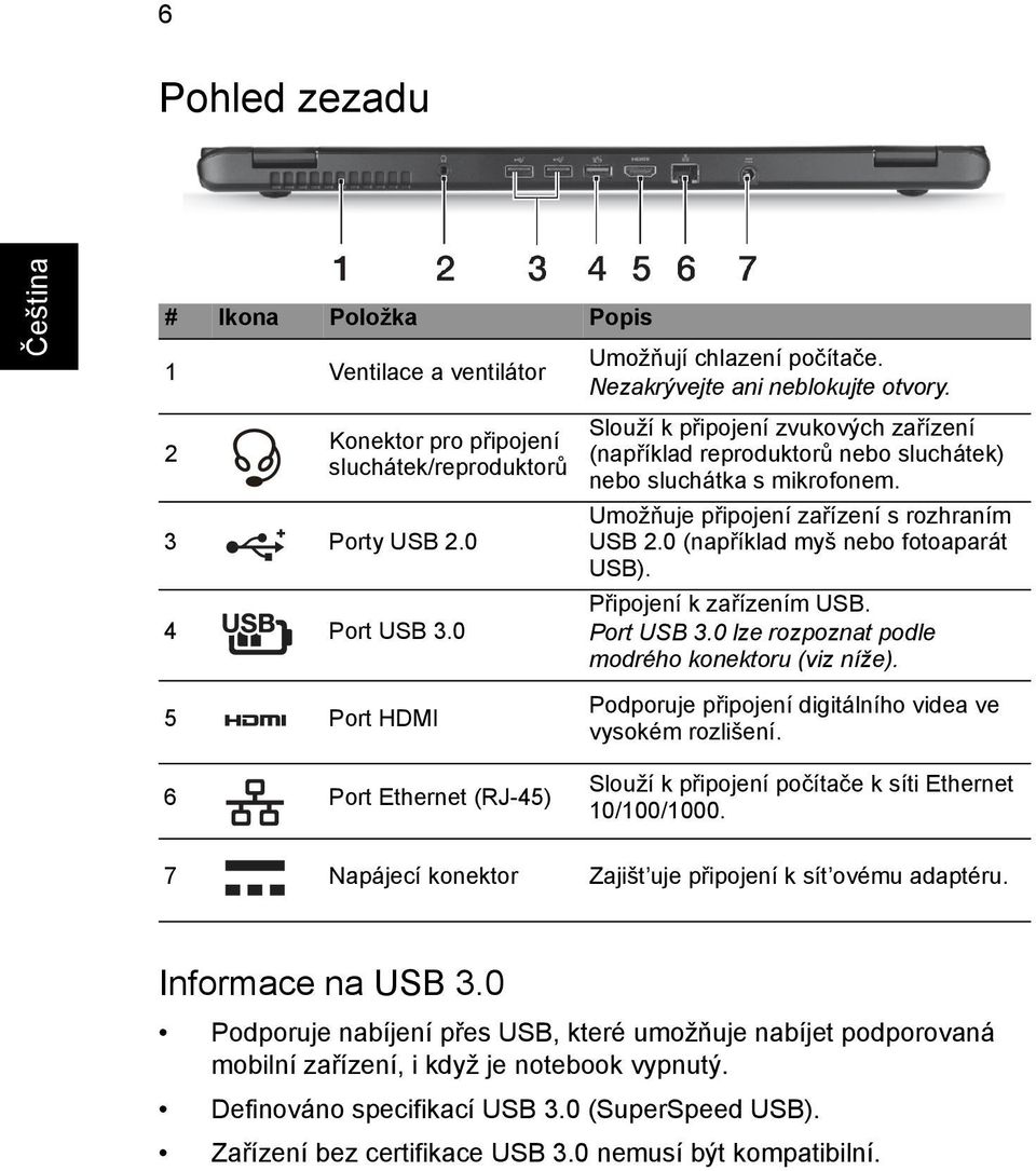 0 (například myš nebo fotoaparát USB). Připojení k zařízením USB. Port USB 3.0 lze rozpoznat podle modrého konektoru (viz níže).