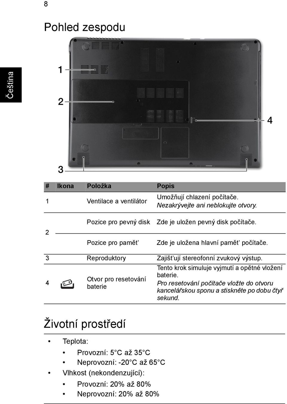 3 Reproduktory Zajišt ují stereofonní zvukový výstup. 4 Otvor pro resetování baterie Tento krok simuluje vyjmutí a opětné vložení baterie.