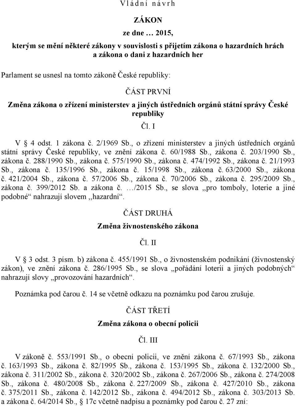 , o zřízení ministerstev a jiných ústředních orgánů státní správy České republiky, ve znění zákona č. 60/1988 Sb., zákona č. 203/1990 Sb., zákona č. 288/1990 Sb., zákona č. 575/1990 Sb., zákona č. 474/1992 Sb.