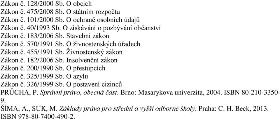 Živnostenský zákon Zákon č. 182/2006 Sb. Insolvenční zákon Zákon č. 200/1990 Sb. O přestupcích Zákon č. 325/1999 Sb. O azylu Zákon č. 326/1999 Sb.