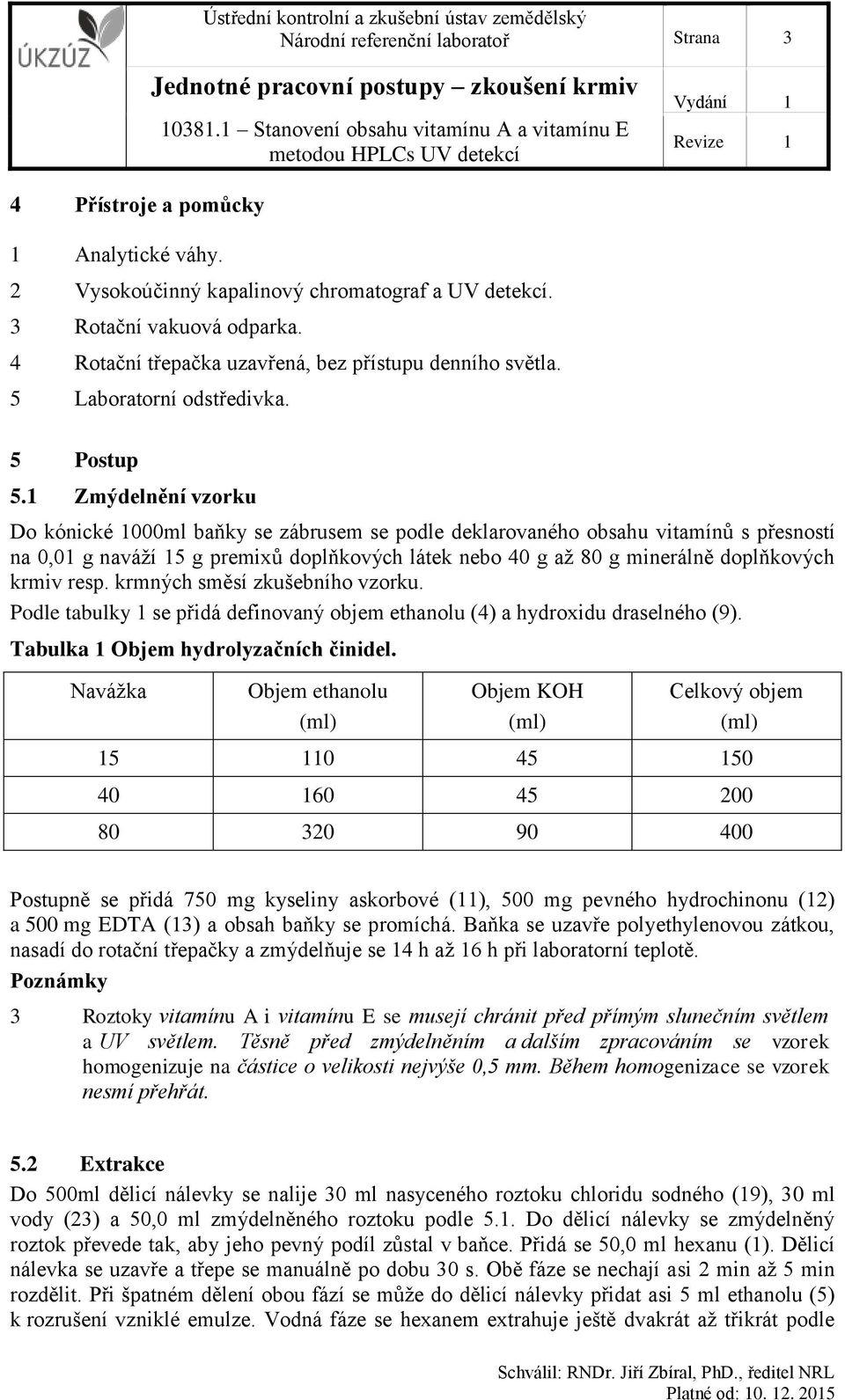 1 Zmýdelnění vzorku Do kónické 1000ml baňky se zábrusem se podle deklarovaného obsahu vitamínů s přesností na 0,01 g naváží 15 g premixů doplňkových látek nebo 40 g až 80 g minerálně doplňkových