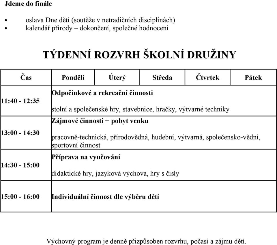 výtvarné techniky Zájmové činnosti + pobyt venku pracovně-technická, přírodovědná, hudební, výtvarná, společensko-vědní, sportovní činnost Příprava na