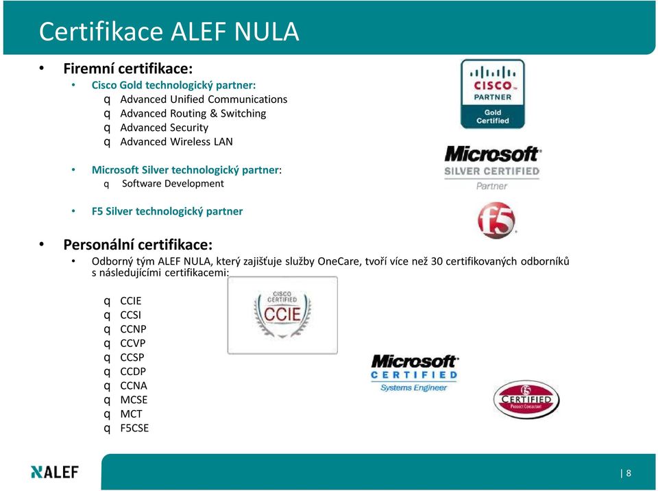 F5 Silver technologický partner Personální certifikace: Odborný tým ALEF NULA, který zajišťuje služby OneCare, tvoří více než