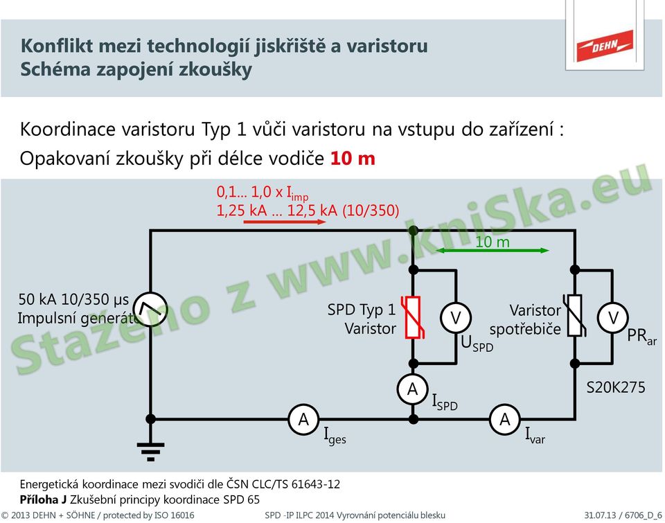 .. 1,0 x I imp 1,25 ka 12,5 ka (10/350) 10 m 50 ka 10/350 µs Impulsní generátor SPD Typ 1 Varistor V U SPD Varistor spotřebiče V