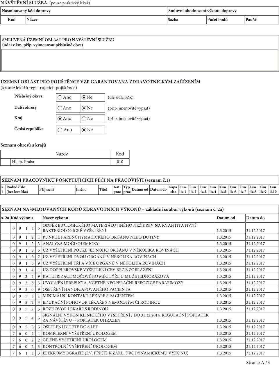 sídla SZZ) (příp. jmenovitě vypsat) (příp. jmenovitě vypsat) Česká republika Ano Ne Seznam okresů a krajů Název Kód Hl. m. Praha 010 SEZNAM PRACOVNÍKŮ POSKYTUJÍCÍCH PÉČI NA PRACOVIŠTI (seznam č.1) s.