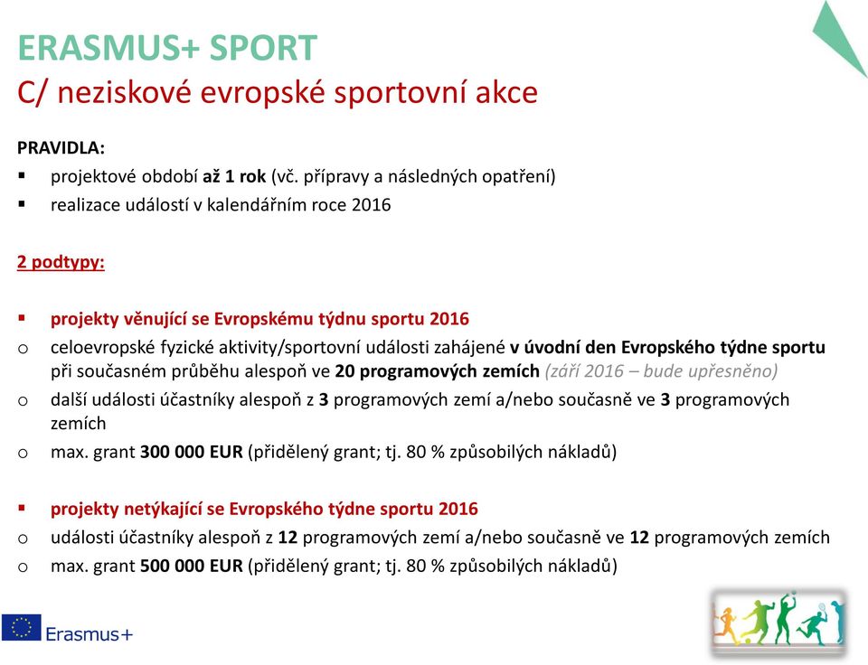 zahájené v úvodní den Evropského týdne sportu při současném průběhu alespoň ve 20 programových zemích (září 2016 bude upřesněno) další události účastníky alespoň z 3 programových zemí a/nebo