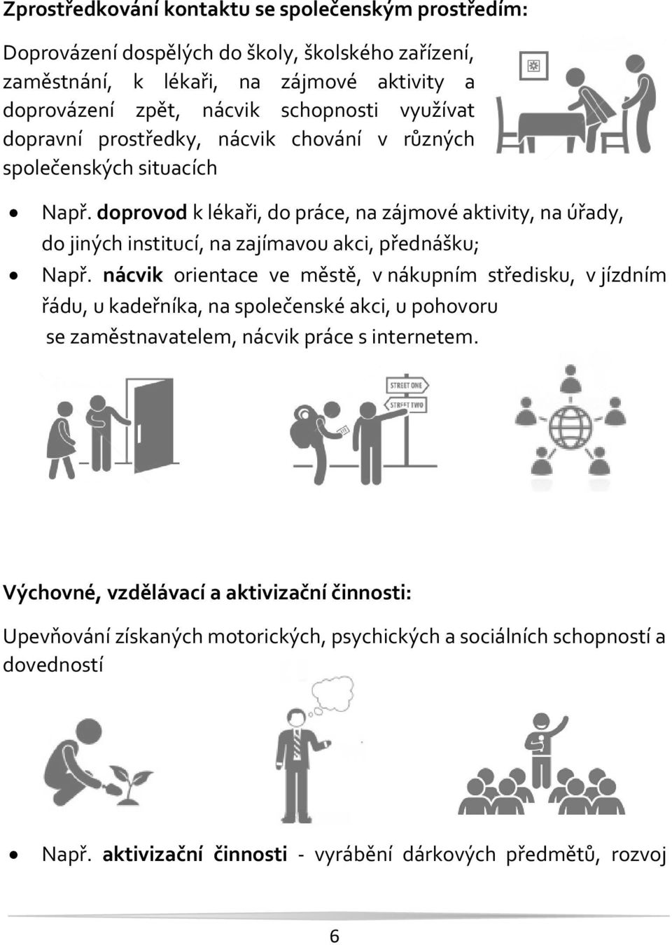 doprovod k lékaři, do práce, na zájmové aktivity, na úřady, do jiných institucí, na zajímavou akci, přednášku; Např.