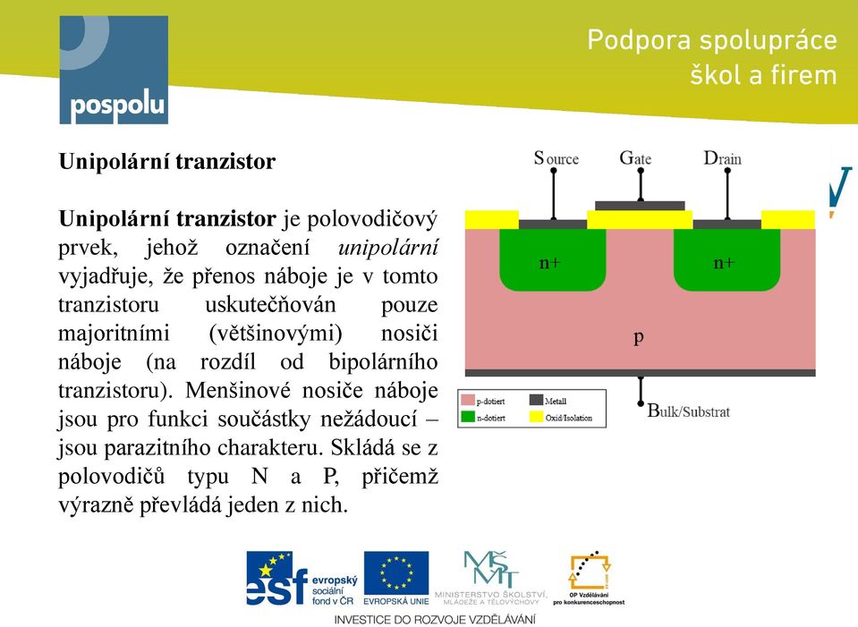 nosiči náboje (na rozdíl od bipolárního tranzistoru).