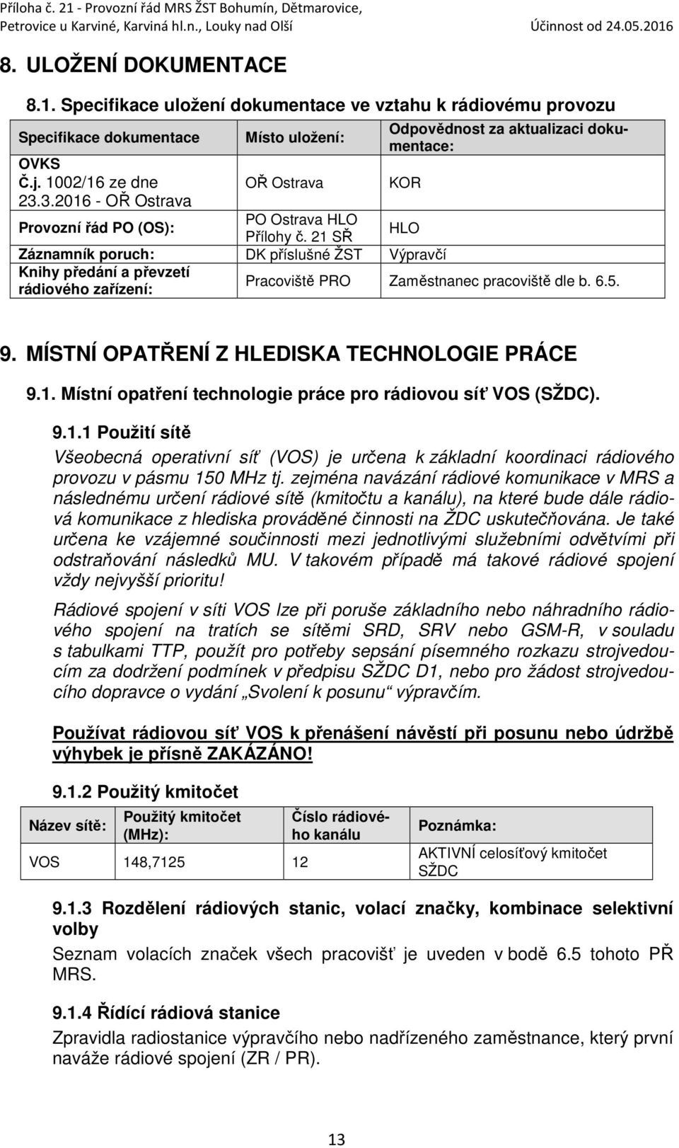 21 SŘ HLO Záznamník poruch: DK příslušné ŽST Výpravčí Knihy předání a převzetí rádiového zařízení: Pracoviště PRO Zaměstnanec pracoviště dle b. 6.5. 9. MÍSTNÍ OPATŘENÍ Z HLEDISKA TECHNOLOGIE PRÁCE 9.