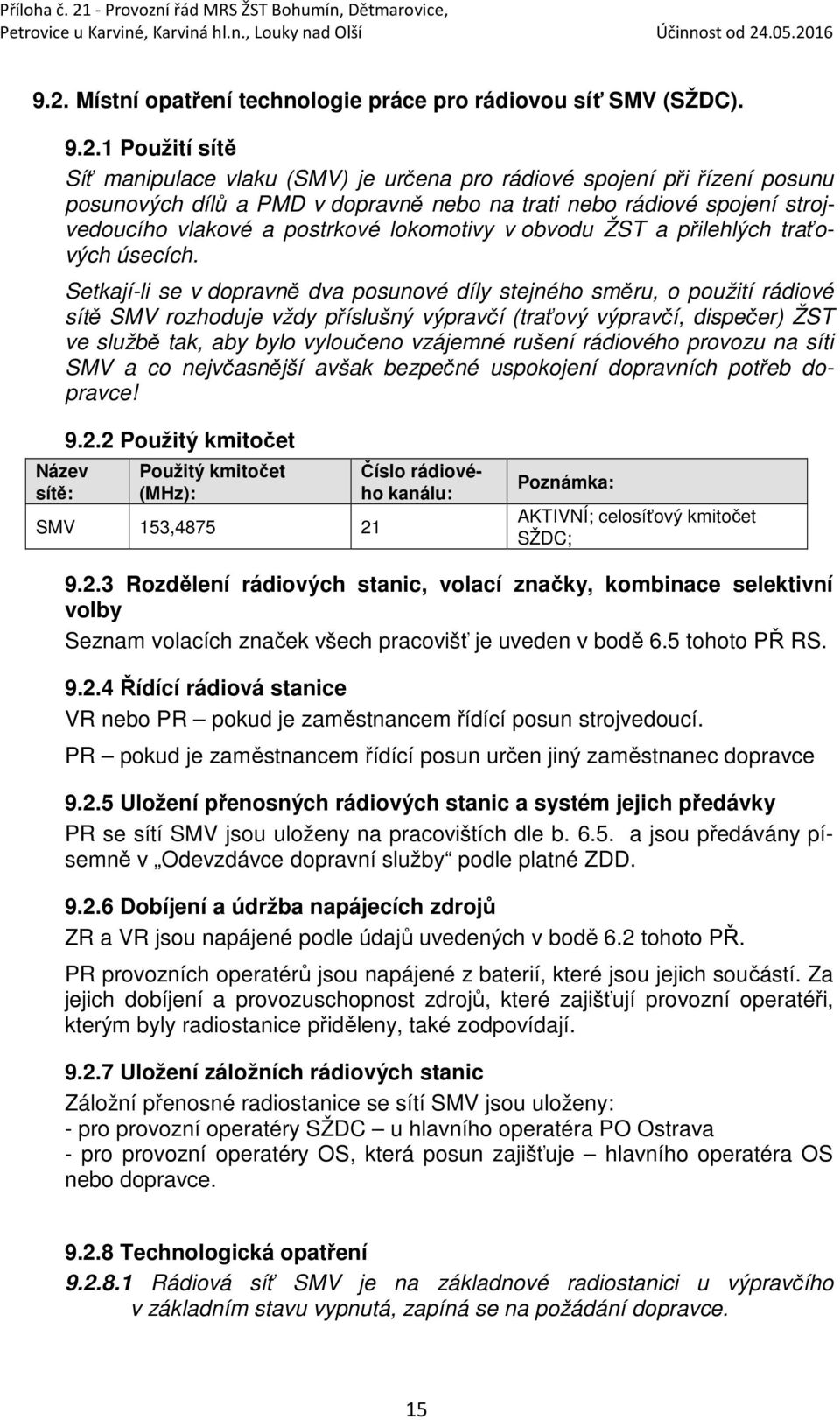 Setkají-li se v dopravně dva posunové díly stejného směru, o použití rádiové sítě SMV rozhoduje vždy příslušný výpravčí (traťový výpravčí, dispečer) ŽST ve službě tak, aby bylo vyloučeno vzájemné