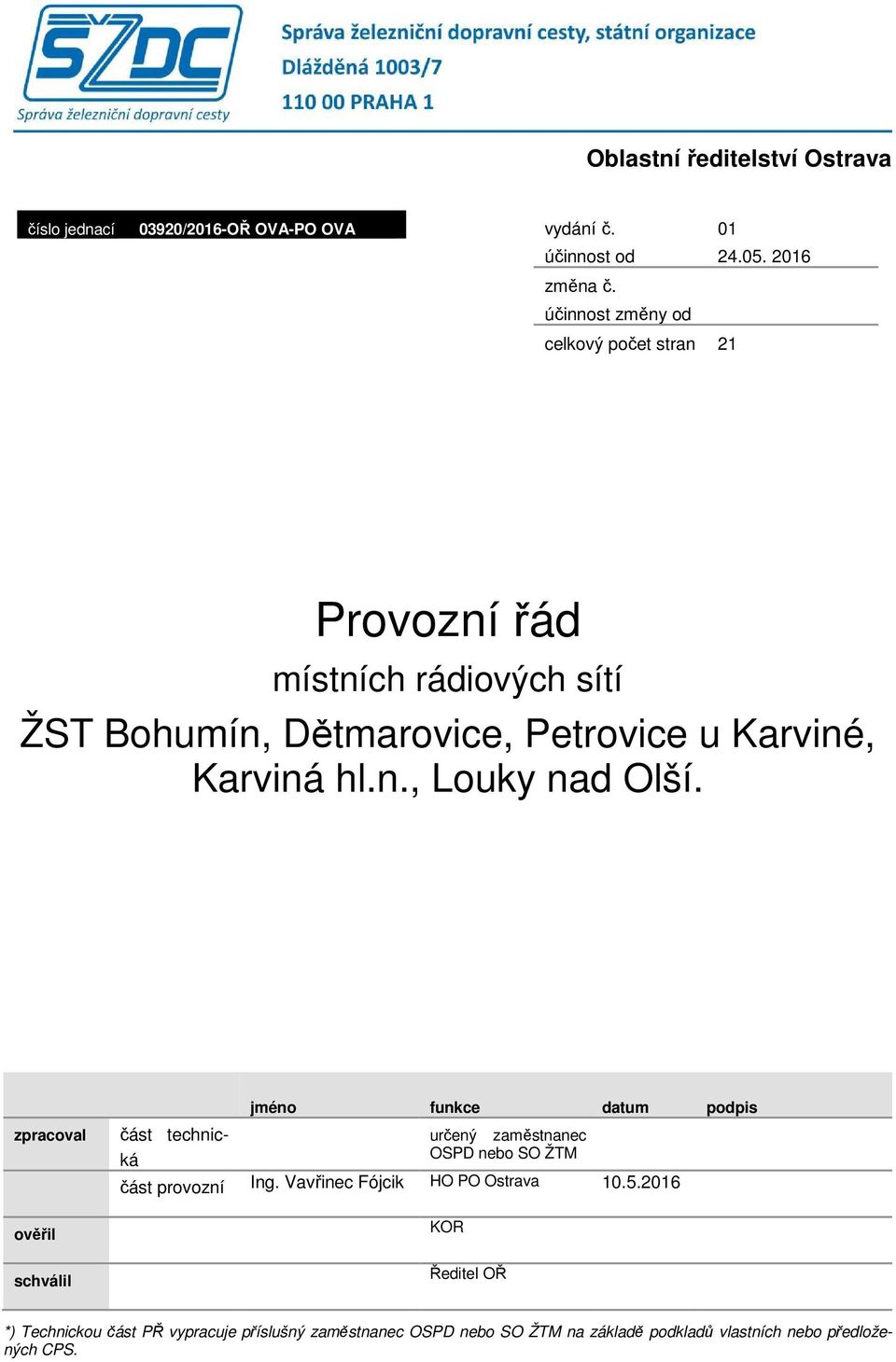 zpracoval ověřil schválil část technická jméno funkce datum podpis určený zaměstnanec OSPD nebo SO ŽTM část provozní Ing.