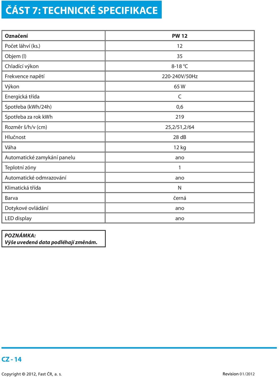 (kwh/24h) 0,6 Spotřeba za rok kwh 219 Rozměr š/h/v (cm) 25,2/51,2/64 Hlučnost 28 db Váha 12 kg Automatické zamykání