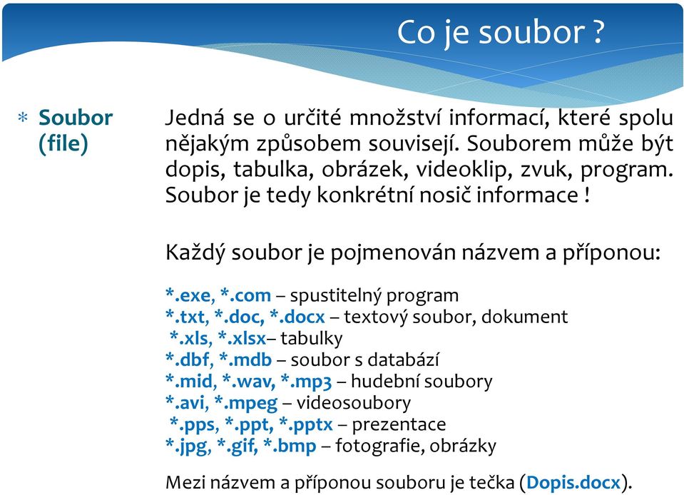 Každý soubor je pojmenován názvem a příponou: *.exe, *.com spustitelný program *.txt, *.doc, *.docx textový soubor, dokument *.xls, *.