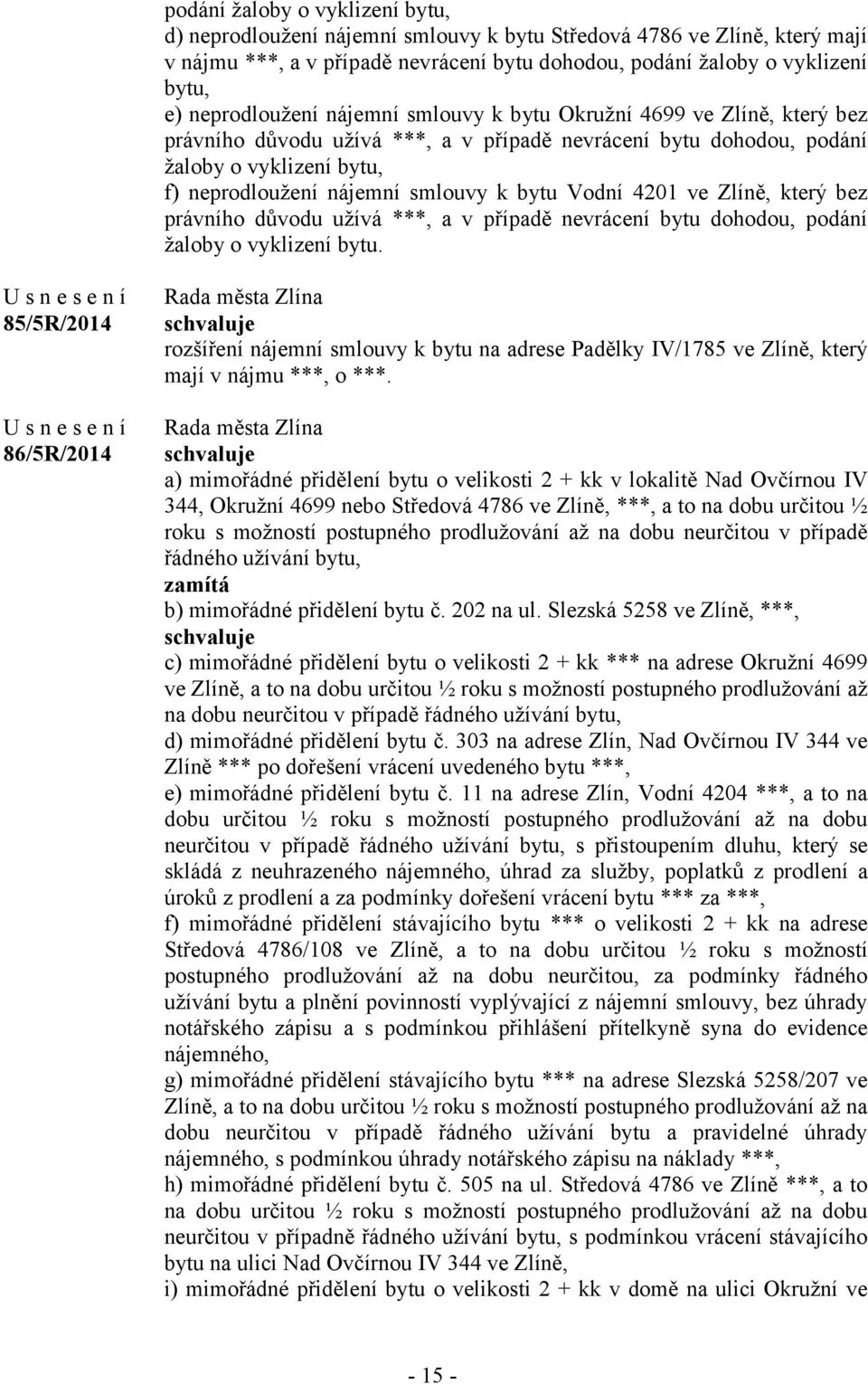 bytu Vodní 4201 ve Zlíně, který bez právního důvodu užívá ***, a v případě nevrácení bytu dohodou, podání žaloby o vyklizení bytu.