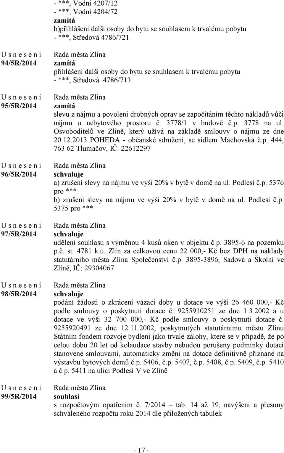 3778/1 v budově č.p. 3778 na ul. Osvoboditelů ve Zlíně, který užívá na základě smlouvy o nájmu ze dne 20.12.2013 POHEDA - občanské sdružení, se sídlem Machovská č.p. 444, 763 62 Tlumačov, IČ: 22612297 a) zrušení slevy na nájmu ve výši 20% v bytě v domě na ul.