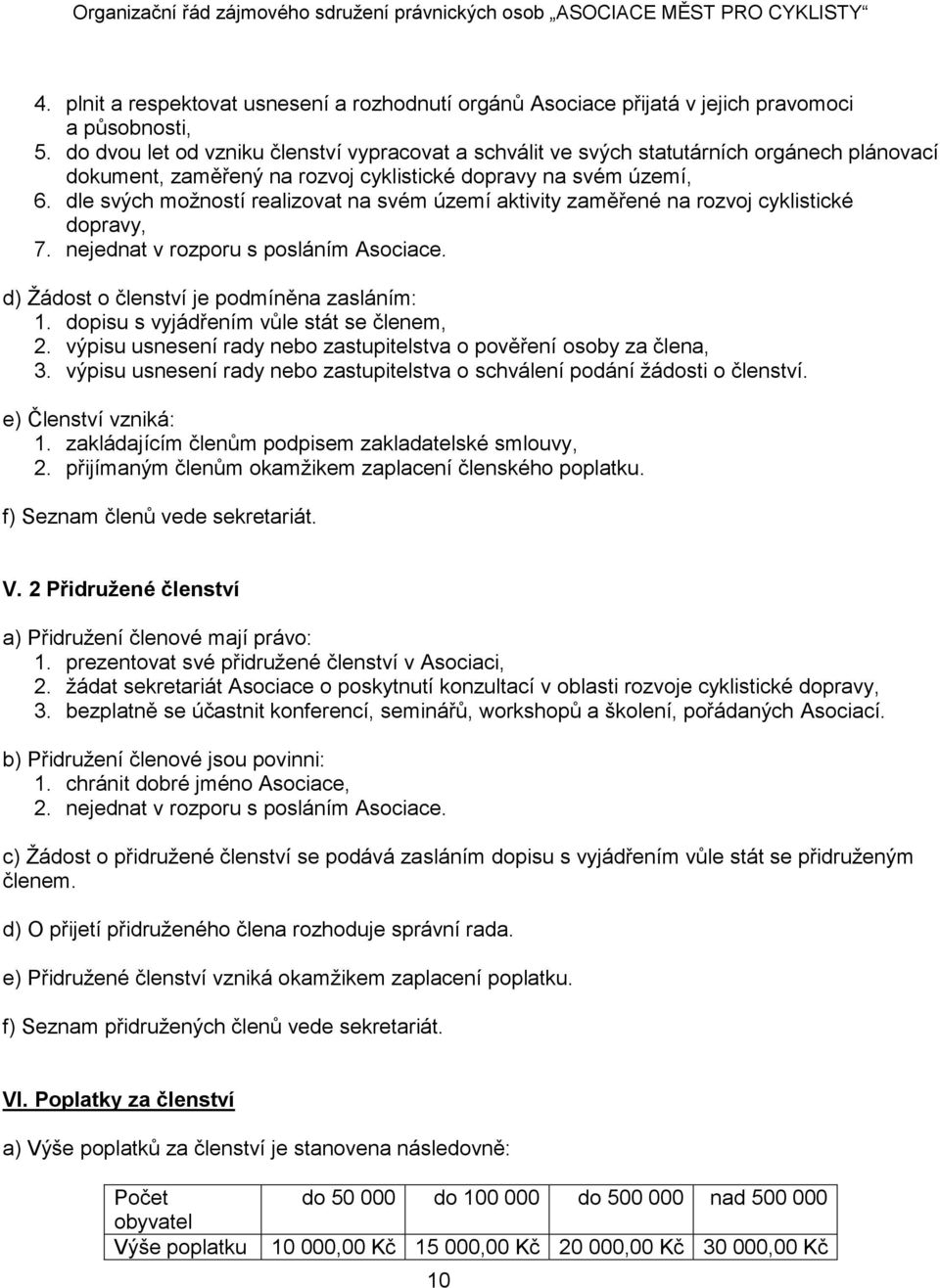 dle svých možností realizovat na svém území aktivity zaměřené na rozvoj cyklistické dopravy, 7. nejednat v rozporu s posláním Asociace. d) Žádost o členství je podmíněna zasláním: 1.