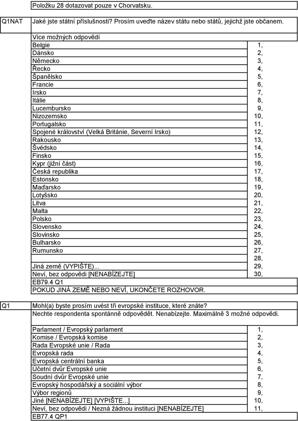 (jižní část) Česká republika Estonsko Maďarsko Lotyšsko Litva Malta Polsko Slovensko Slovinsko Bulharsko Rumunsko Jiná země (VYPIŠTE)... EB79. Q POKUD JINÁ ZEMĚ NEBO NEVÍ, UKONČETE ROZHOVOR.