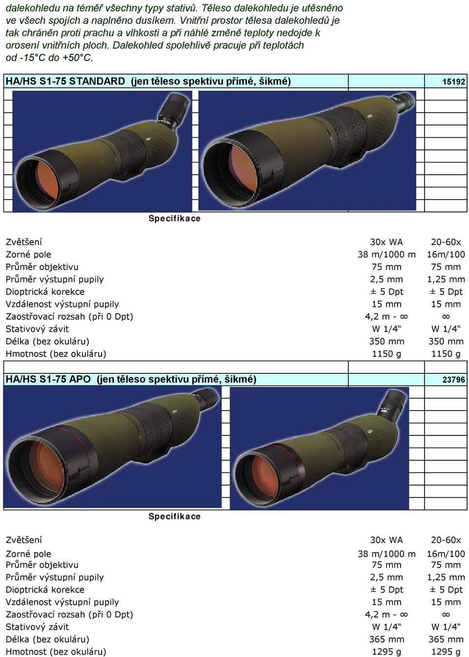 HA/HS S1-75 STANDARD (jen těleso spektivu přímé, šikmé) 15192 Zvětšení 30x WA 20-60x Zorné pole 38 m/1000 m 16m/100 Průměr objektivu 75 mm 75 mm Průměr výstupní pupily 2,5 mm 1,25 mm Dioptrická