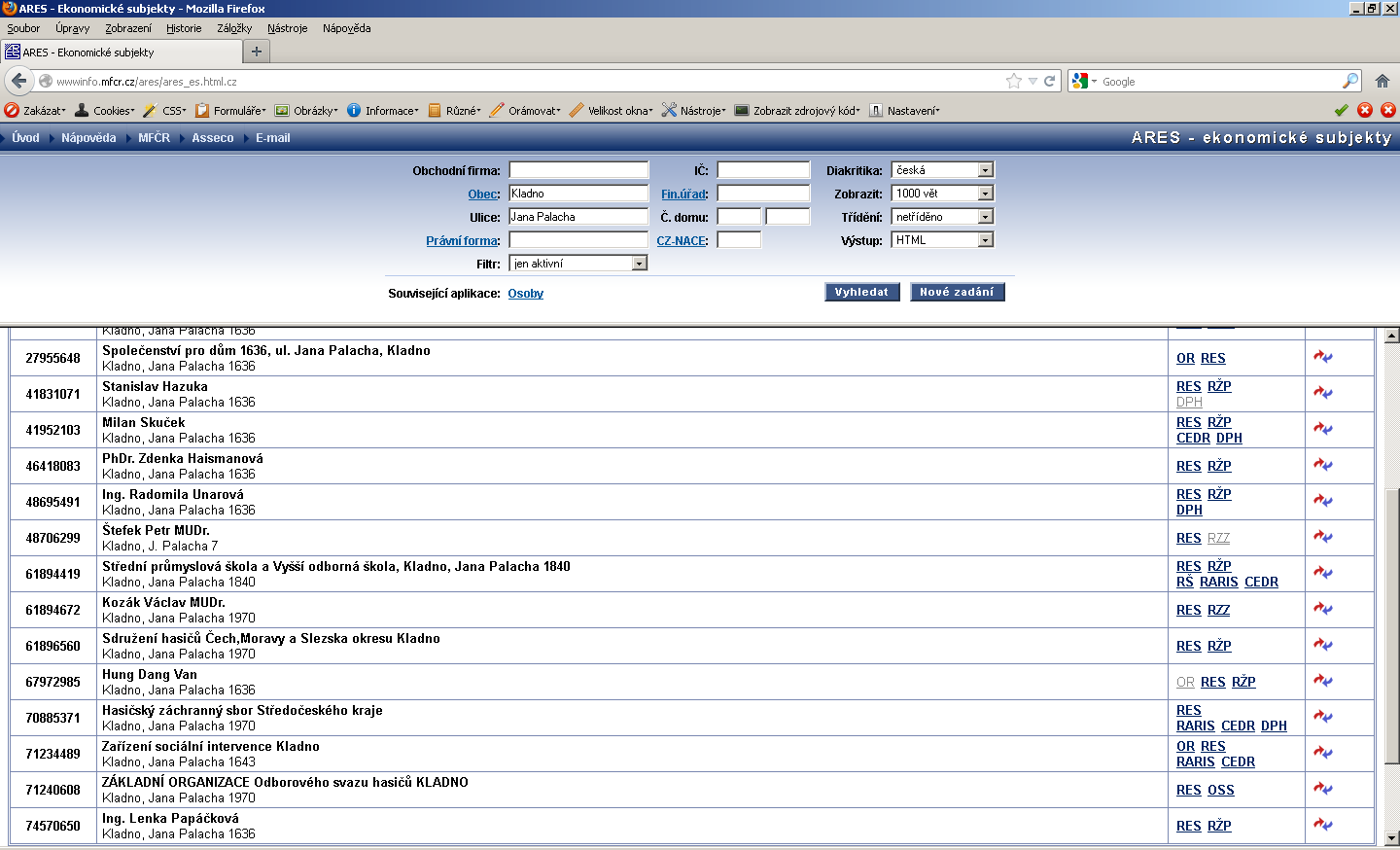 Obrázek 2 - omezení množství výsledků Při zavedení přesnějších podmínek, už získáme výsledky: Obrázek 3 - ARES, výsledky Je vidět, jaké další informace o jednotlivých subjektech lze získat.