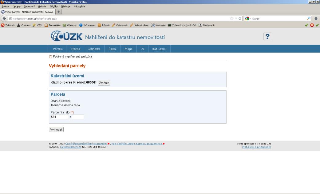 Obrázek 9 - Katastr nemovitostí, vyhledání U vyhledané parcely pak lze zjistit jejího