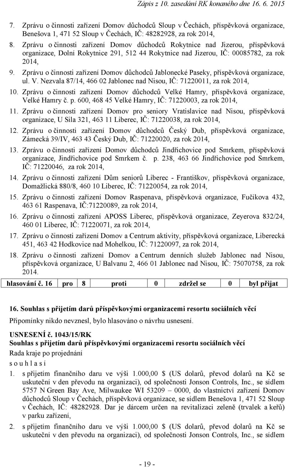 Zprávu o činnosti zařízení Domov důchodců Jablonecké Paseky, příspěvková organizace, ul. V. Nezvala 87/14, 466 02 Jablonec nad Nisou, IČ: 71220011, za rok 2014, 10.