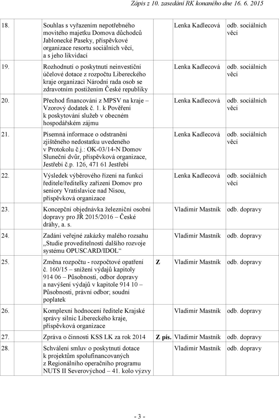 Přechod financování z MPSV na kraje Vzorový dodatek č. 1. k Pověření k poskytování služeb v obecném hospodářském zájmu 21. Písemná informace o odstranění zjištěného nedostatku uvedeného v Protokolu č.