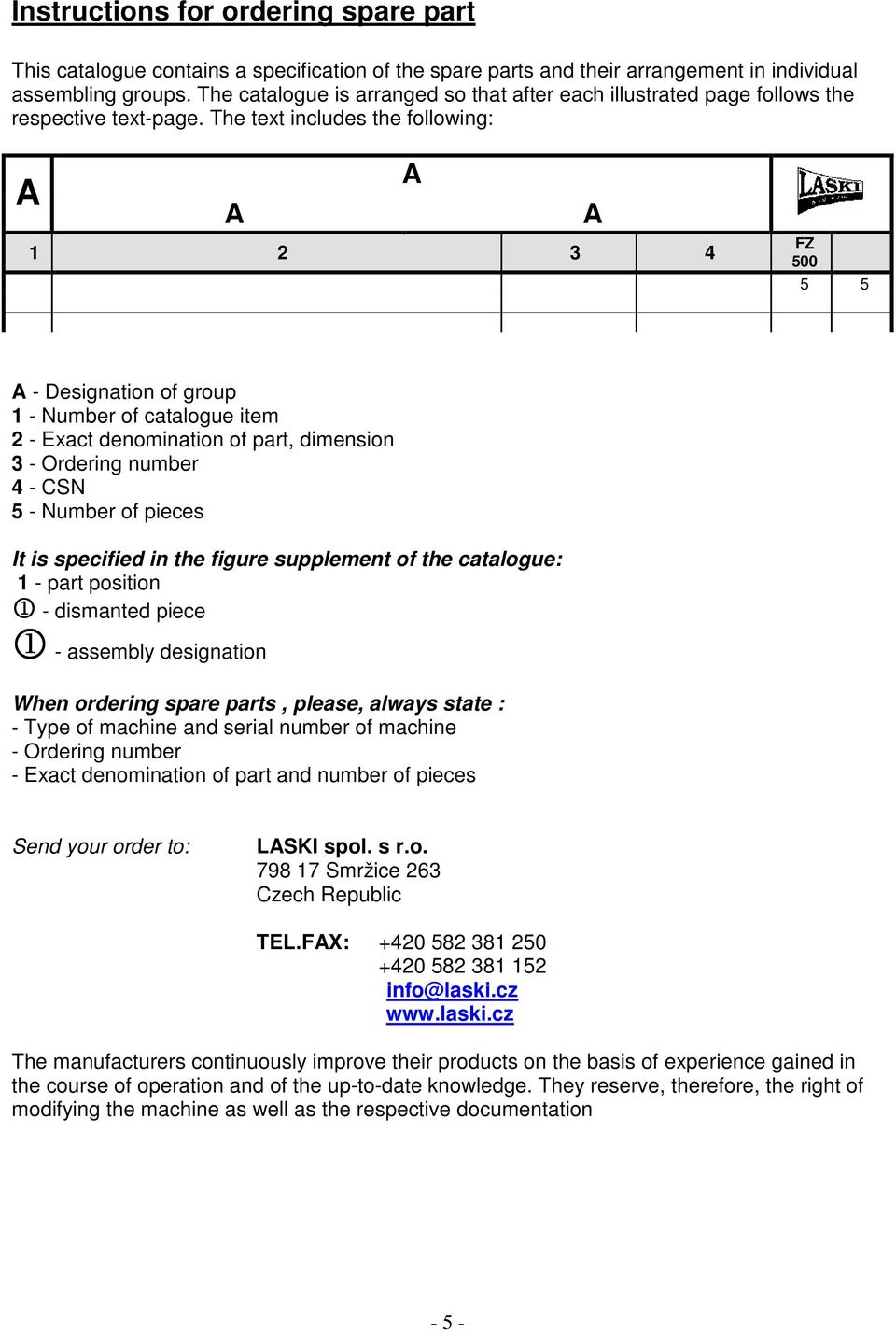 The text includes the following: 1 2 3 4 FZ 500 5 5 - Designation of group 1 - Number of catalogue item 2 - Exact denomination of part, dimension 3 - Ordering number 4 - CSN 5 - Number of pieces It