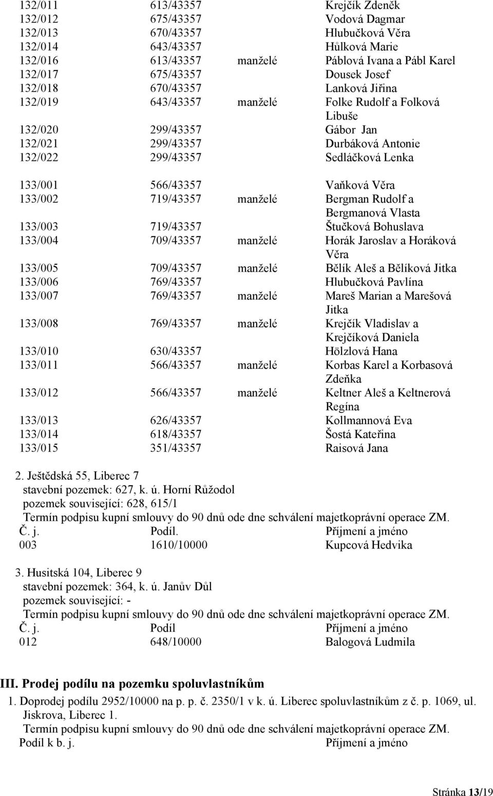 Sedláčková Lenka 133/001 566/43357 Vaňková Věra 133/002 719/43357 manželé Bergman Rudolf a Bergmanová Vlasta 133/003 719/43357 Štučková Bohuslava 133/004 709/43357 manželé Horák Jaroslav a Horáková