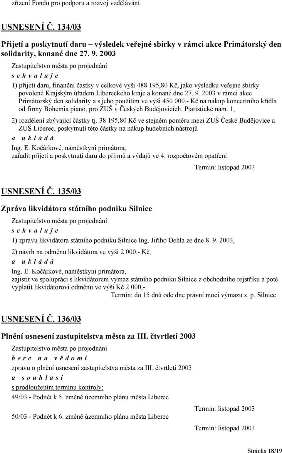 2003 v rámci akce Primátorský den solidarity a s jeho použitím ve výši 450 000,- Kč na nákup koncertního křídla od firmy Bohemia piano, pro ZUŠ v Českých Budějovicích, Piaristické nám.