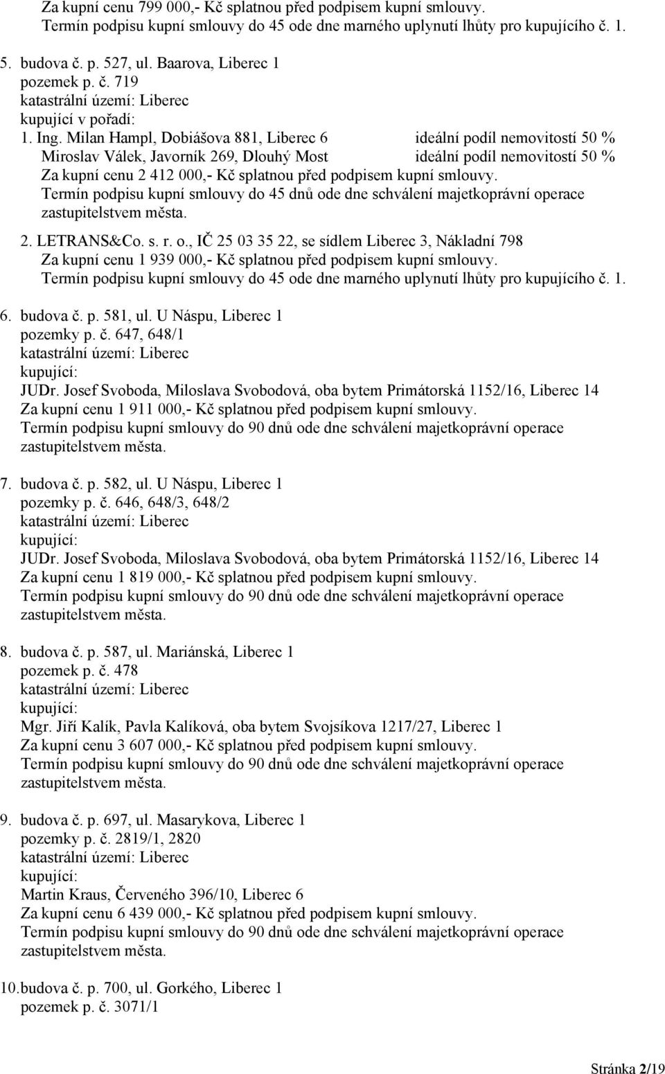 Milan Hampl, Dobiášova 881, Liberec 6 ideální podíl nemovitostí 50 % Miroslav Válek, Javorník 269, Dlouhý Most ideální podíl nemovitostí 50 % Za kupní cenu 2 412 000,- Kč splatnou před podpisem kupní