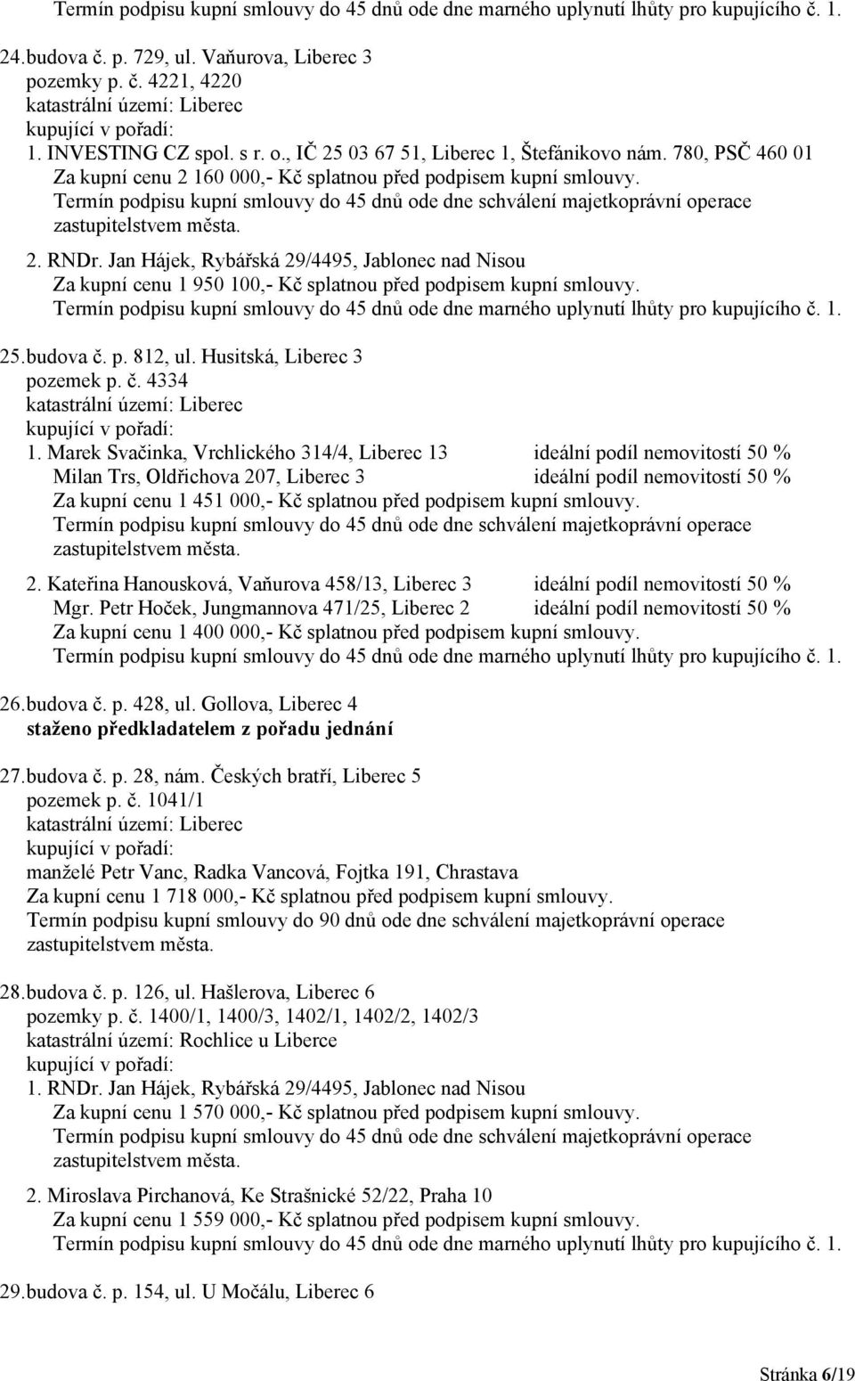 Jan Hájek, Rybářská 29/4495, Jablonec nad Nisou Za kupní cenu 1 950 100,- Kč splatnou před podpisem kupní smlouvy. 25. budova č. p. 812, ul. Husitská, Liberec 3 pozemek p. č. 4334 1.