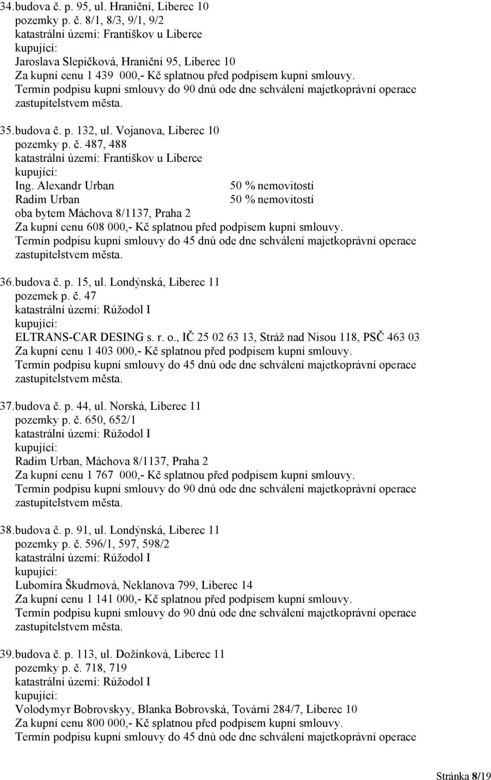 Alexandr Urban 50 % nemovitostí Radim Urban 50 % nemovitostí oba bytem Máchova 8/1137, Praha 2 Za kupní cenu 608 000,- Kč splatnou před podpisem kupní smlouvy. 36. budova č. p. 15, ul.