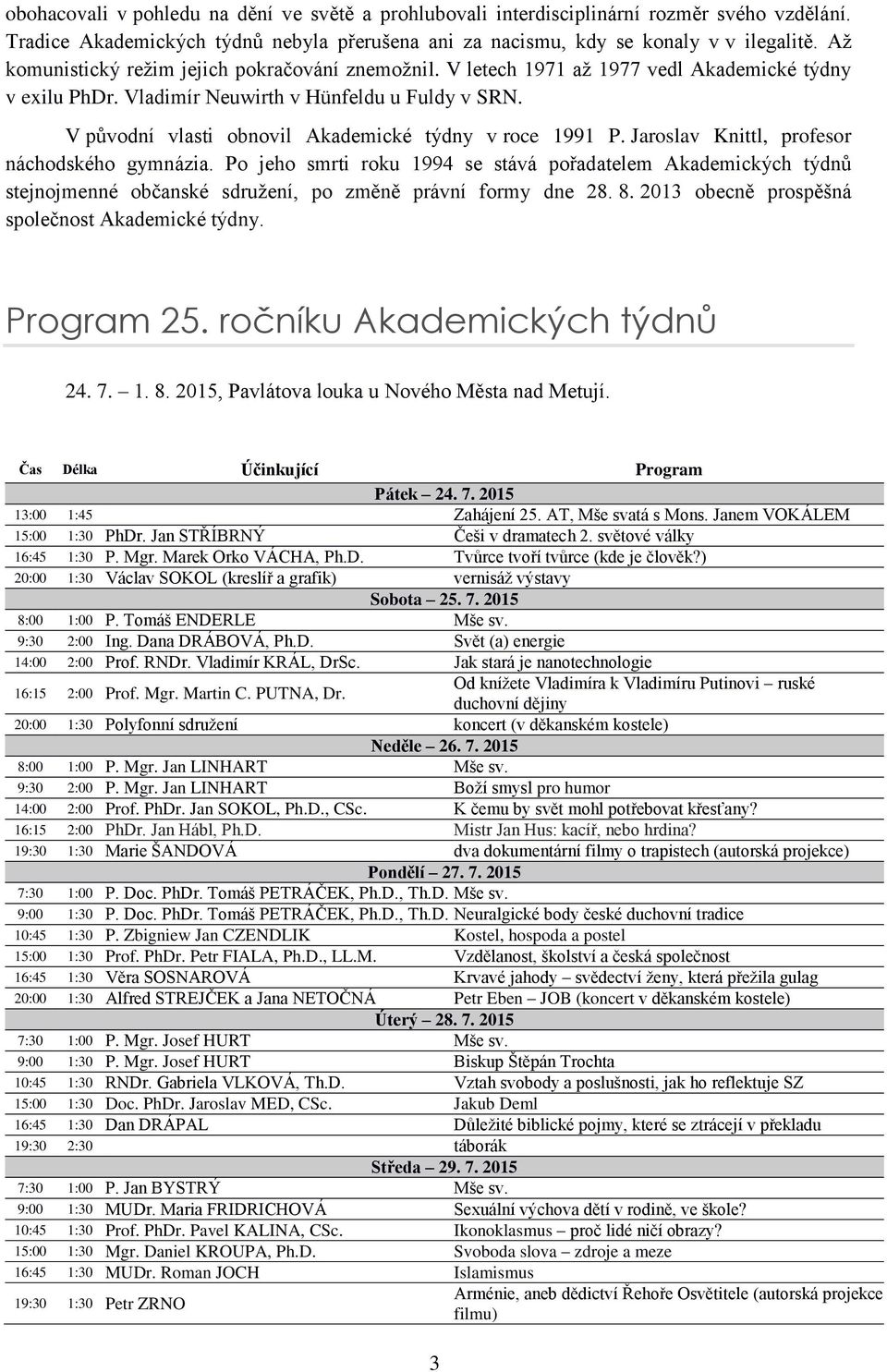 V původní vlasti obnovil Akademické týdny v roce 1991 P. Jaroslav Knittl, profesor náchodského gymnázia.