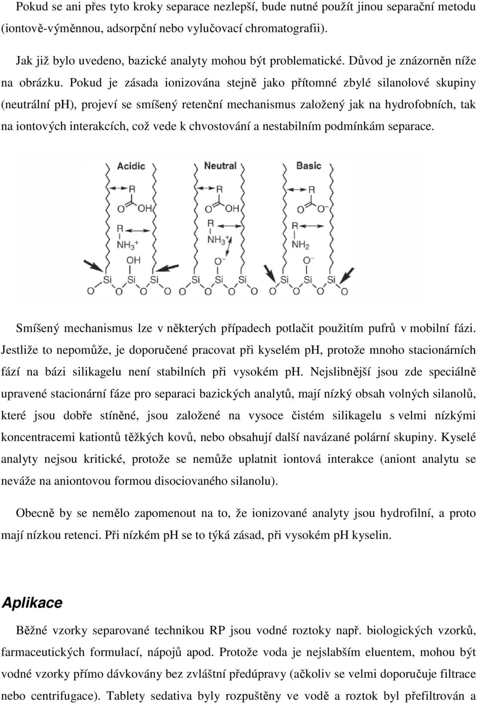 Pokud je zásada ionizována stejně jako přítomné zbylé silanolové skupiny (neutrální ph), projeví se smíšený retenční mechanismus založený jak na hydrofobních, tak na iontových interakcích, což vede k